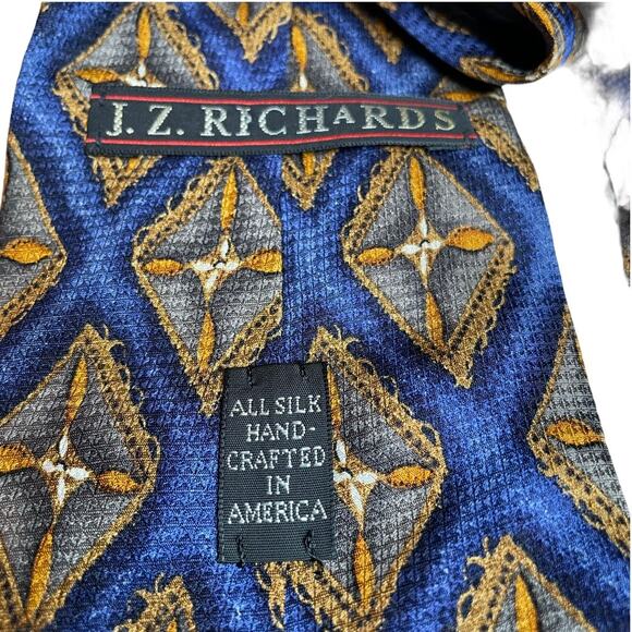 J Z RICHARDS Silk Handmade Blue Diamond Dress Tie Orange Work Wear Office - Picture 2 of 2